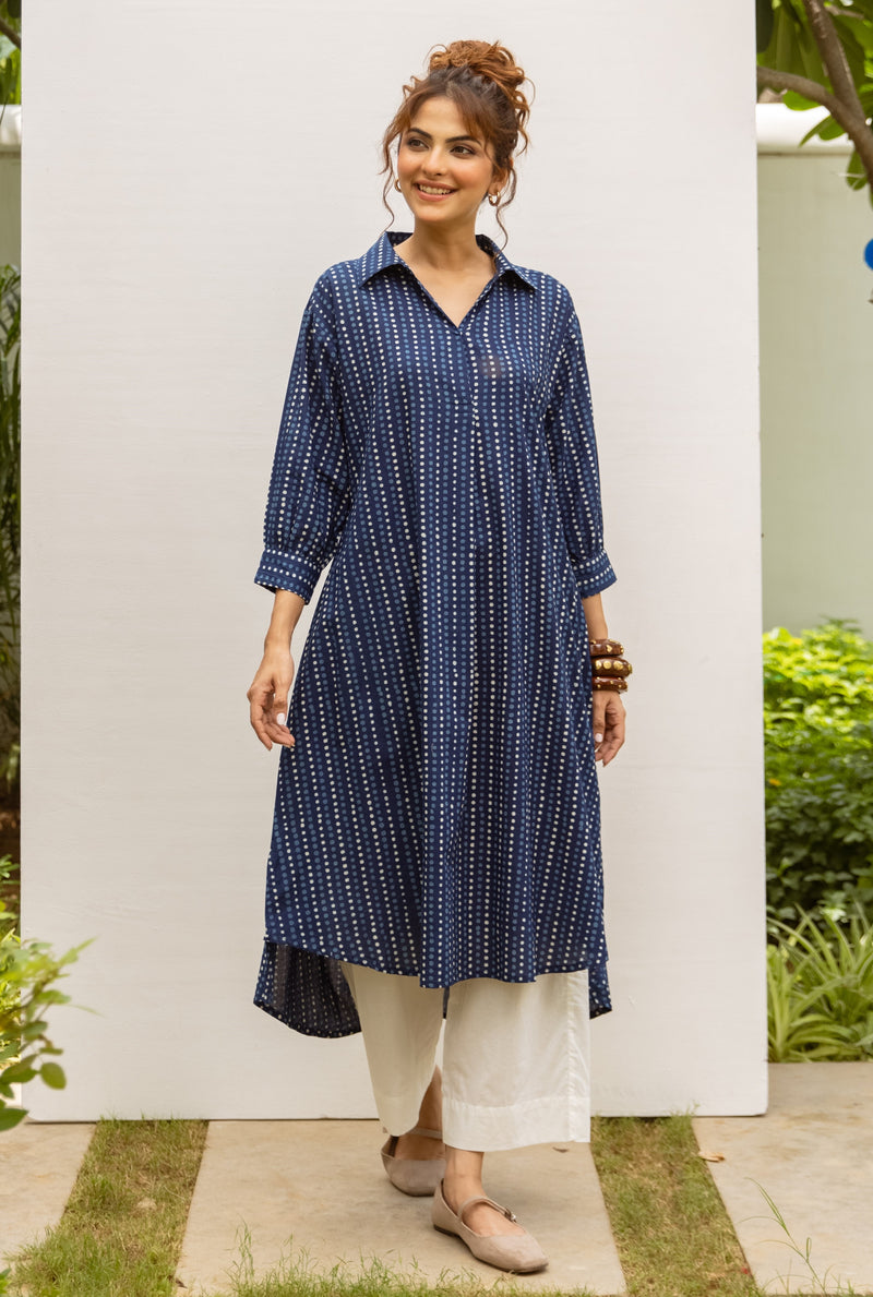 Indigo Cotton Shirt Collar Kurta For Women's