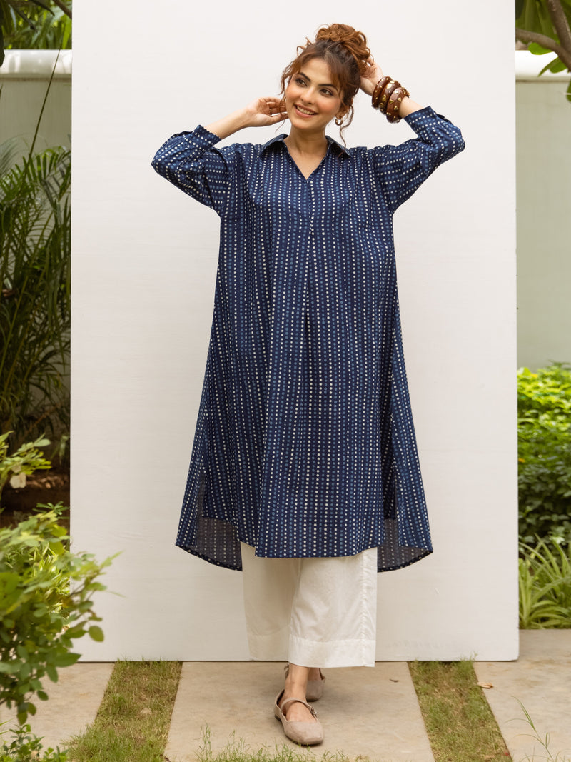 Indigo Cotton Shirt Collar Kurta For Women's