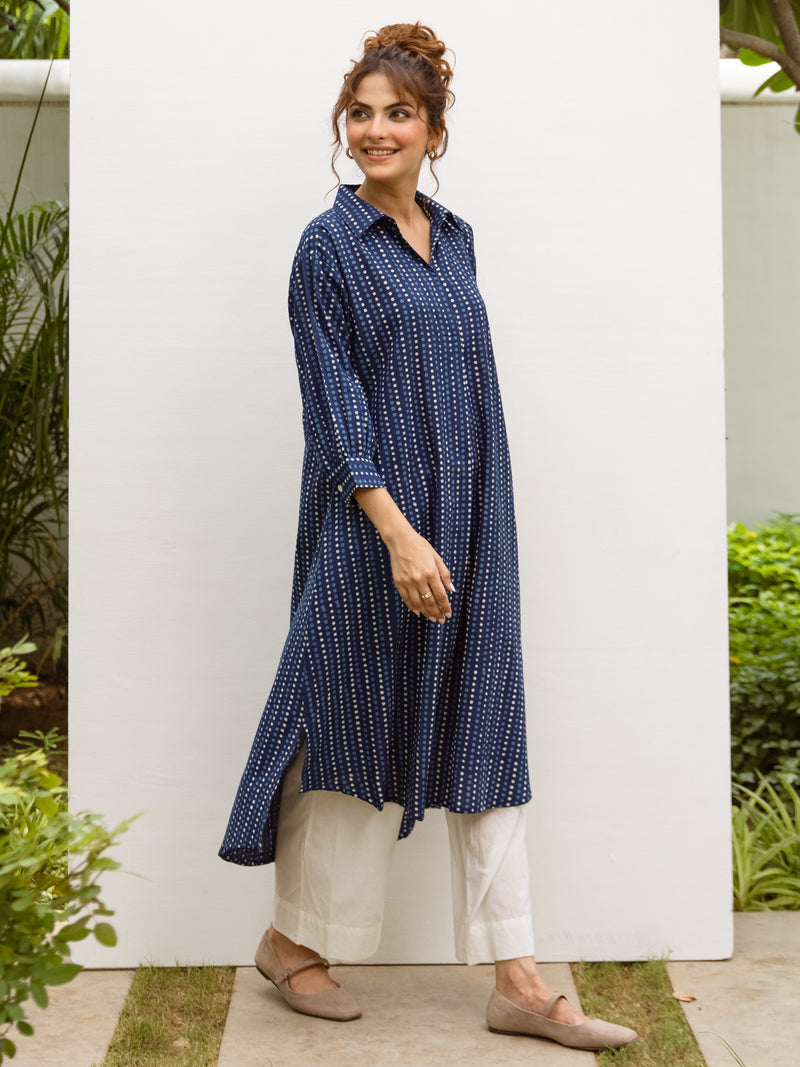 Indigo Cotton Shirt Collar Kurta For Women's