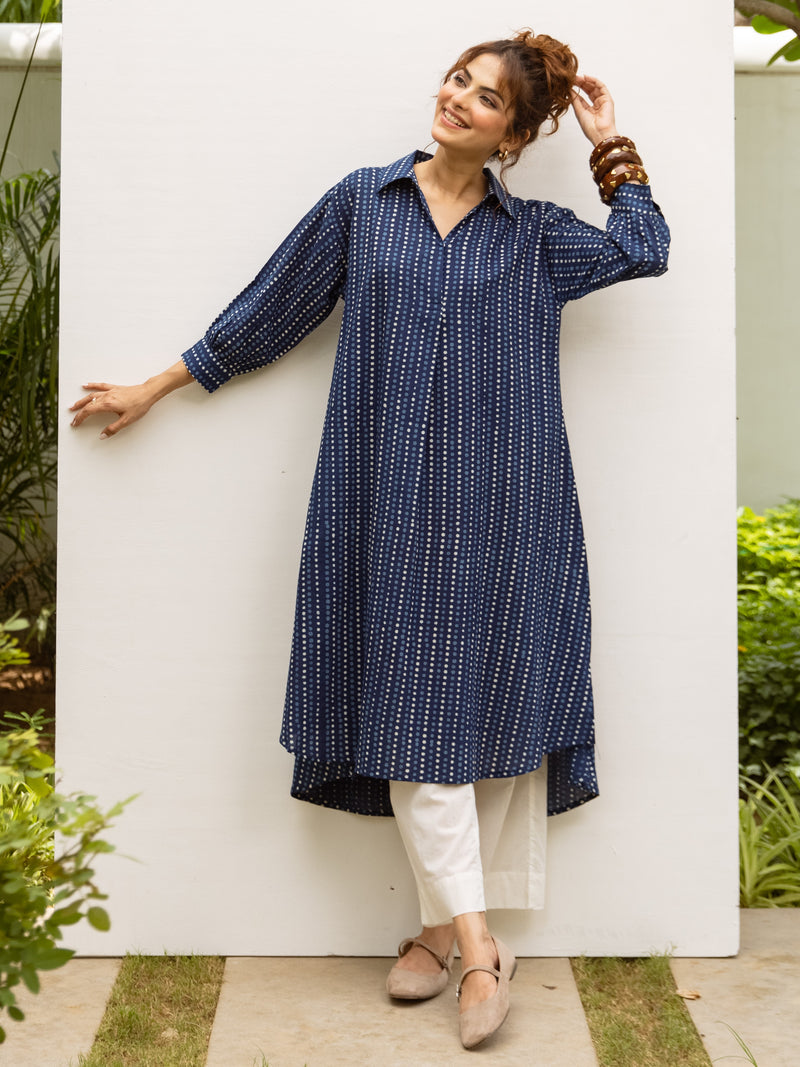 Indigo Cotton Shirt Collar Kurta For Women's