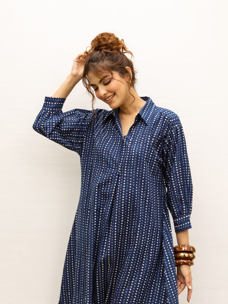Indigo Cotton Shirt Collar Kurta For Women's