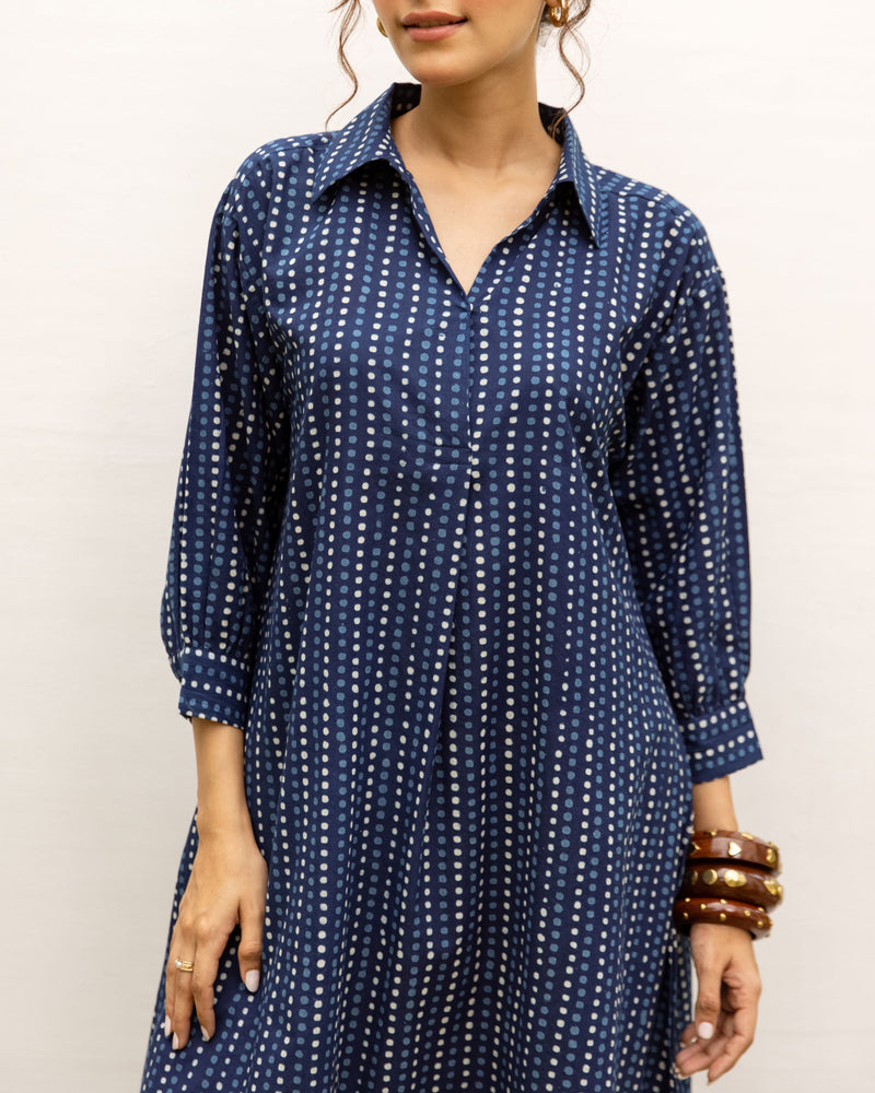 Indigo Cotton Shirt Collar Kurta For Women's