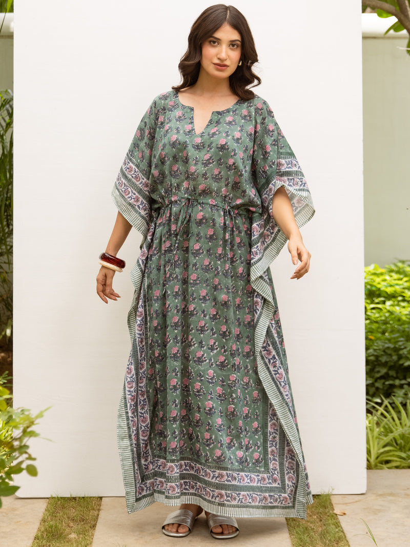 Cotton Block Printed Kaftan Dress For Women's