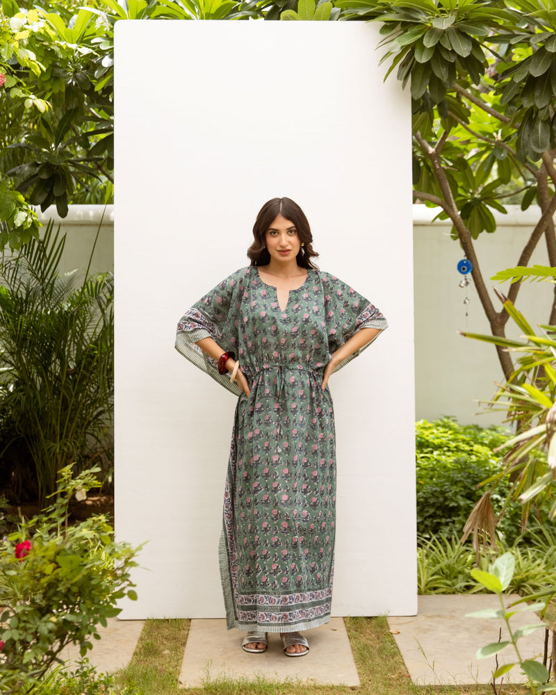Cotton Block Printed Kaftan Dress For Women's