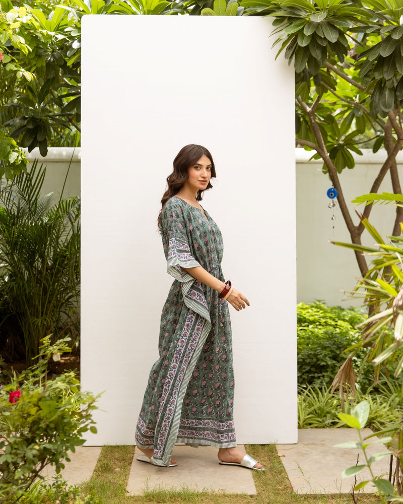 Cotton Block Printed Kaftan Dress For Women's