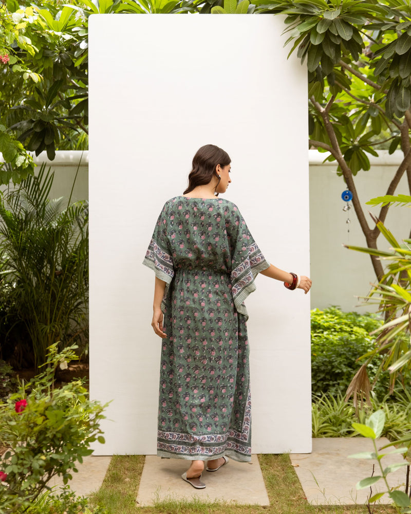 Cotton Block Printed Kaftan Dress For Women's