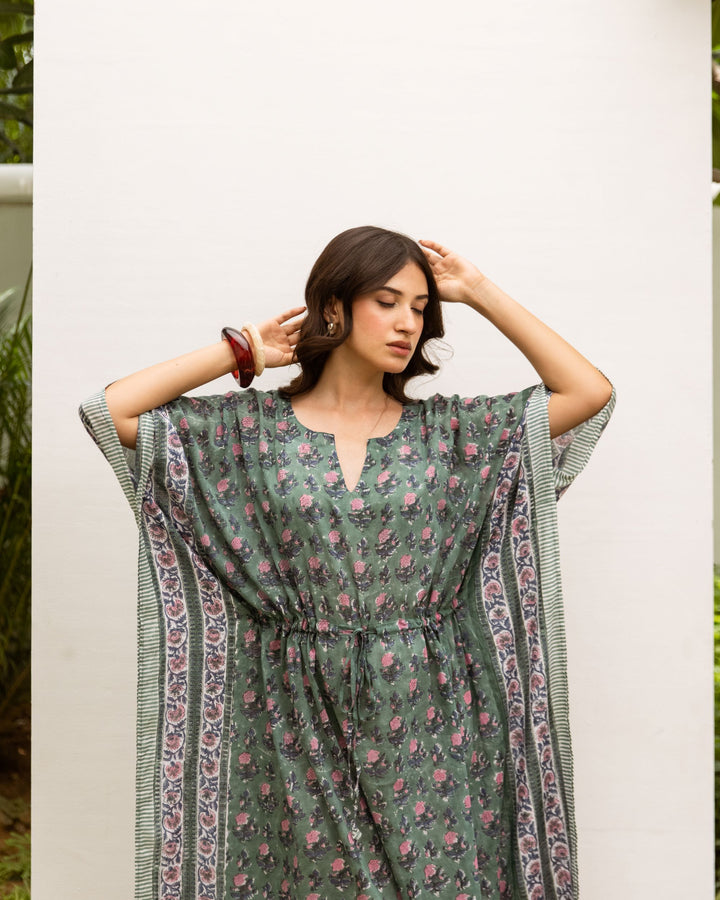 Cotton Block Printed Kaftan Dress For Women's