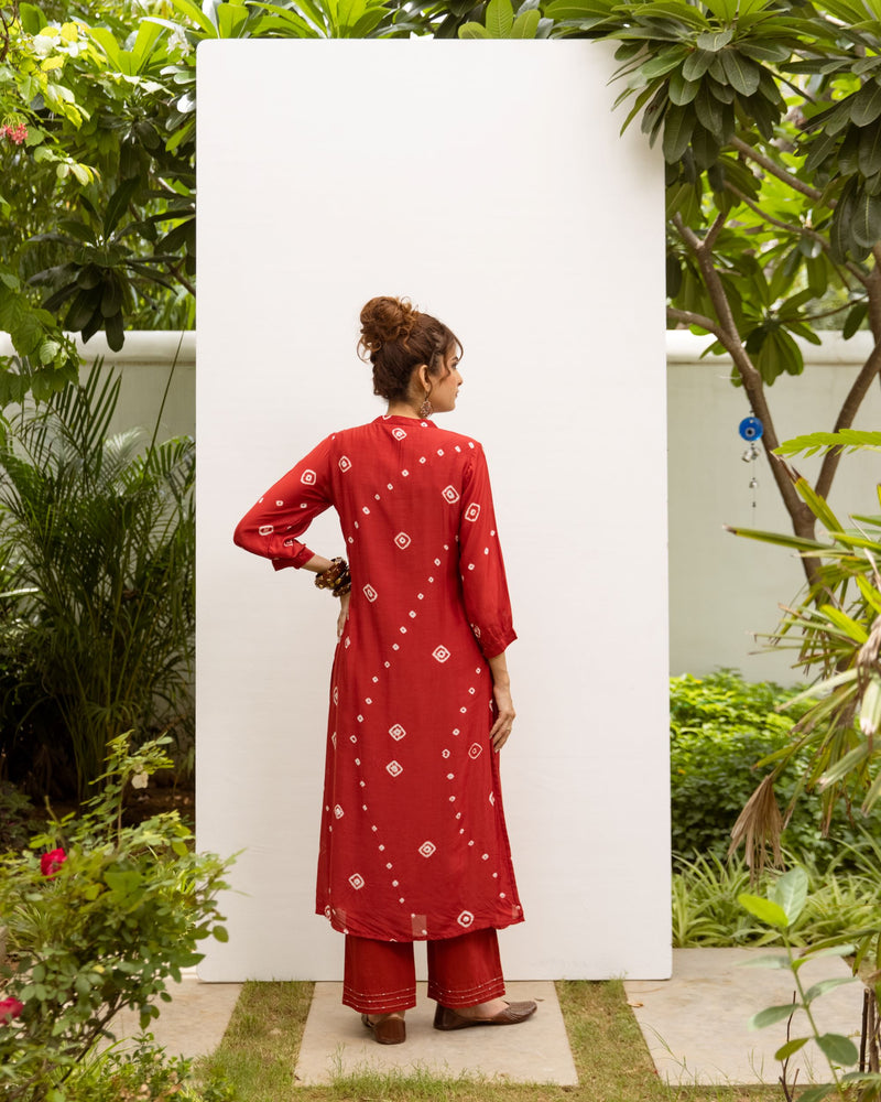 Red Hand Done Bandhani Cotton Silk Kurta Pant Set For Women's