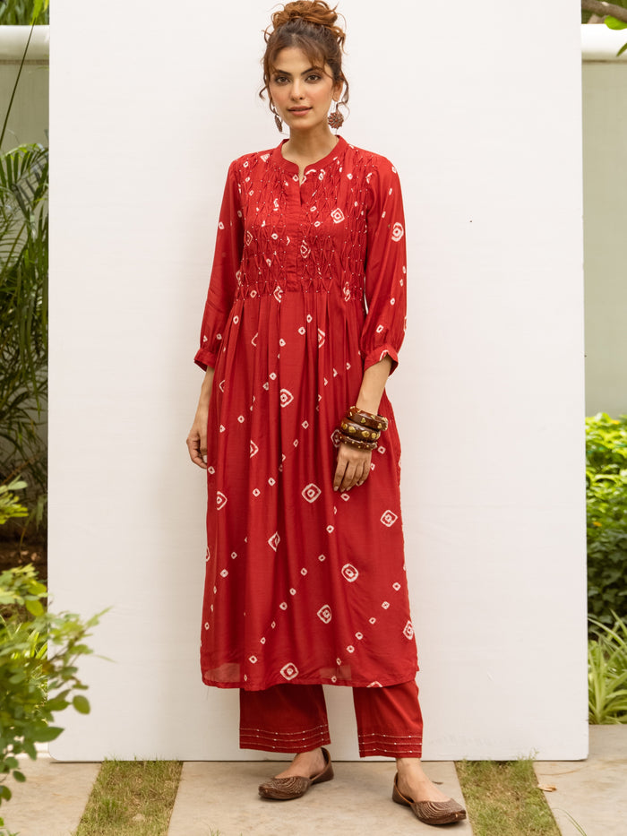 Red Hand Done Bandhani Cotton Silk Kurta Pant Set For Women's