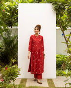 Red Hand Done Bandhani Cotton Silk Kurta Pant Set For Women's