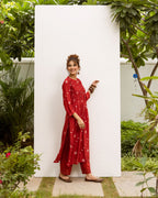 Red Hand Done Bandhani Cotton Silk Kurta Pant Set For Women's