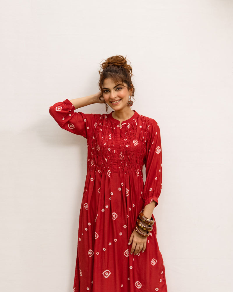 Red Hand Done Bandhani Cotton Silk Kurta Pant Set For Women's