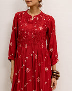 Red Hand Done Bandhani Cotton Silk Kurta Pant Set For Women's