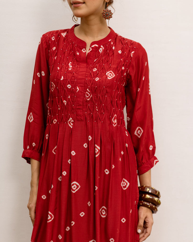 Red Hand Done Bandhani Cotton Silk Kurta Pant Set For Women's