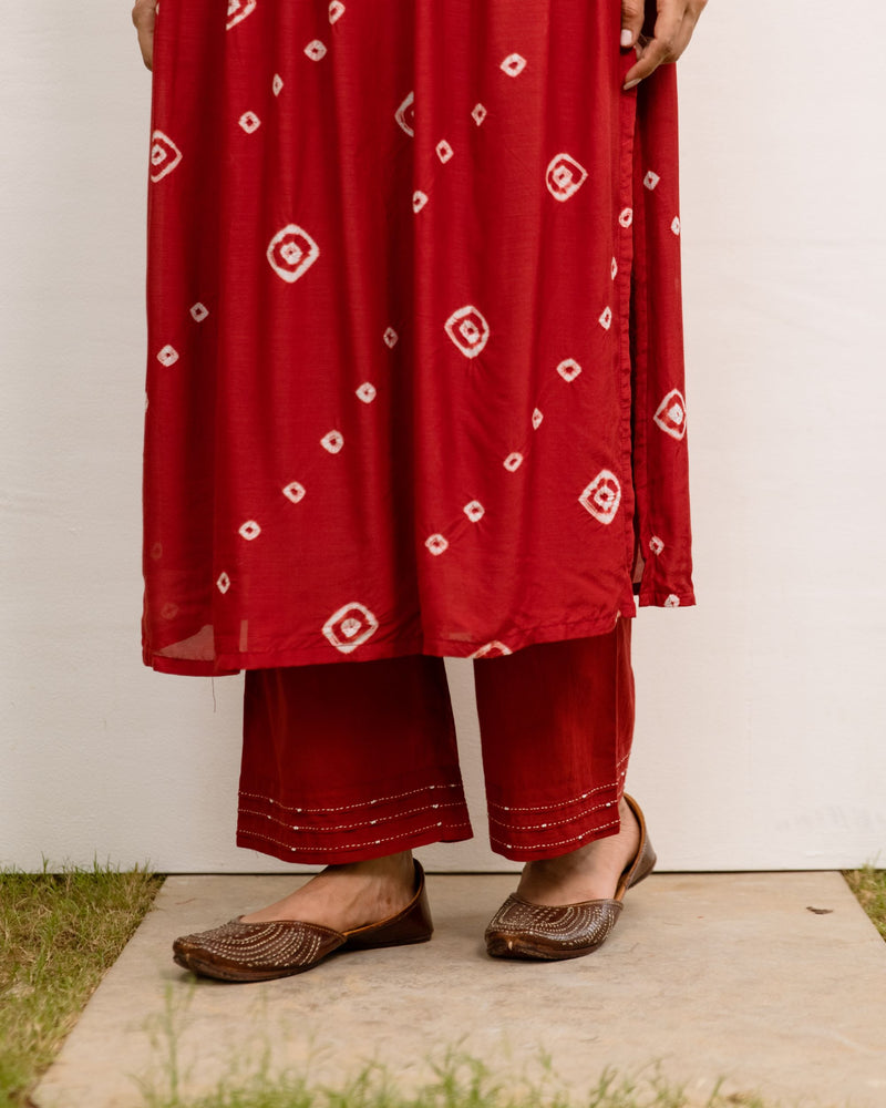 Red Hand Done Bandhani Cotton Silk Kurta Pant Set For Women's