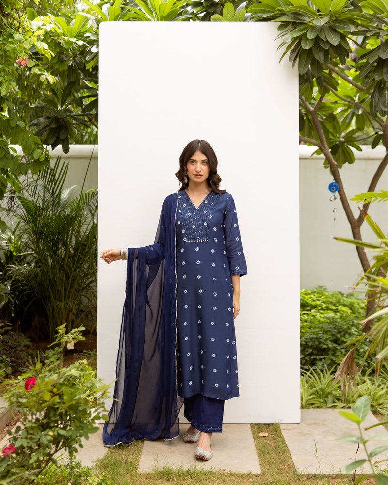 Navy Blue Cotton Silk Complete Suit Set For Women's