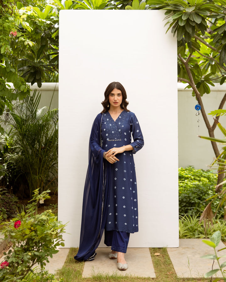 Navy Blue Cotton Silk Complete Suit Set For Women's