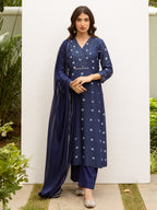 Navy Blue Cotton Silk Complete Suit Set For Women's