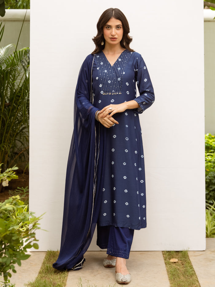 Navy Blue Cotton Silk Complete Suit Set For Women's
