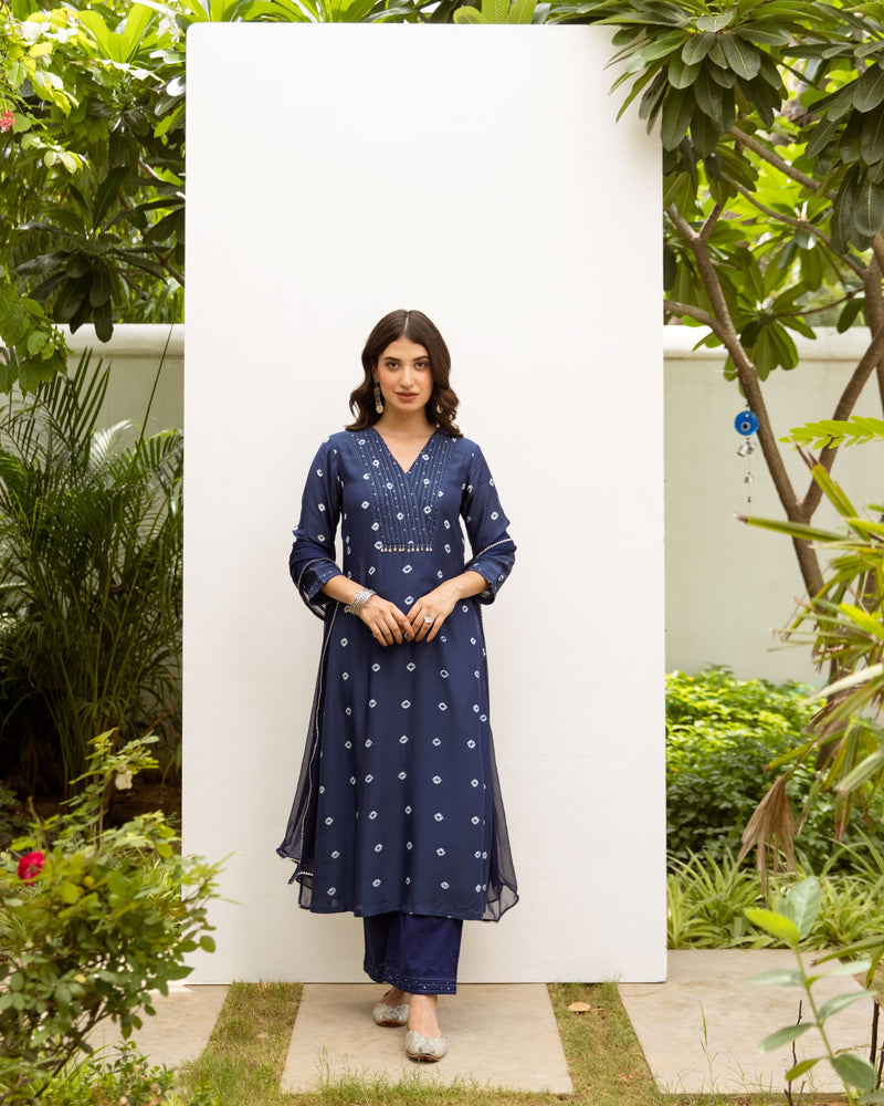 Navy Blue Cotton Silk Complete Suit Set For Women's