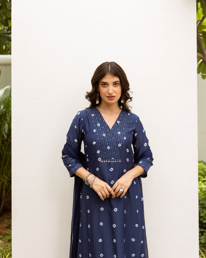 Navy Blue Cotton Silk Complete Suit Set For Women's