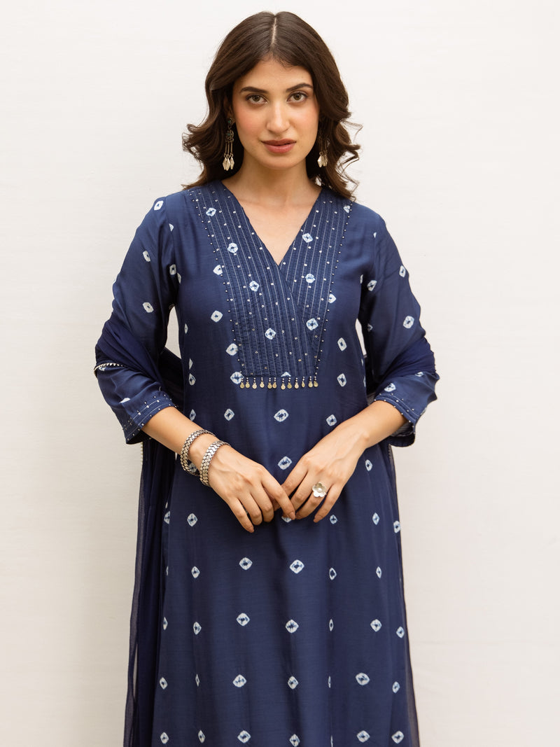 Navy Blue Cotton Silk Complete Suit Set For Women's
