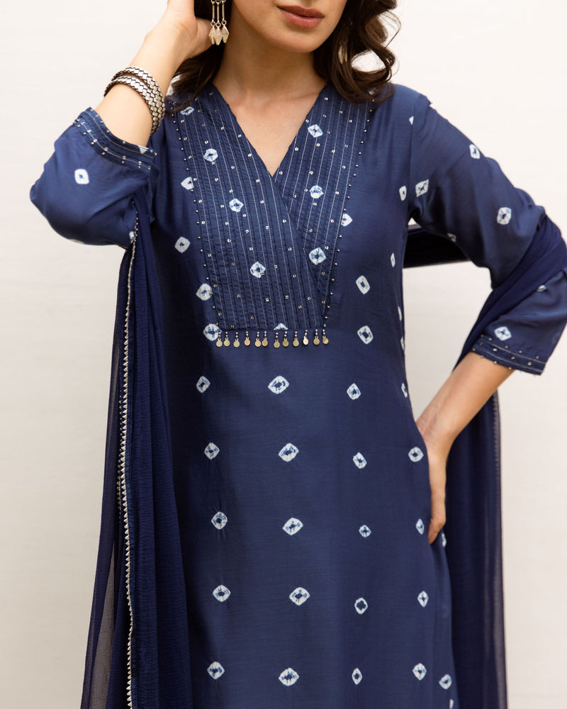 Navy Blue Cotton Silk Complete Suit Set For Women's