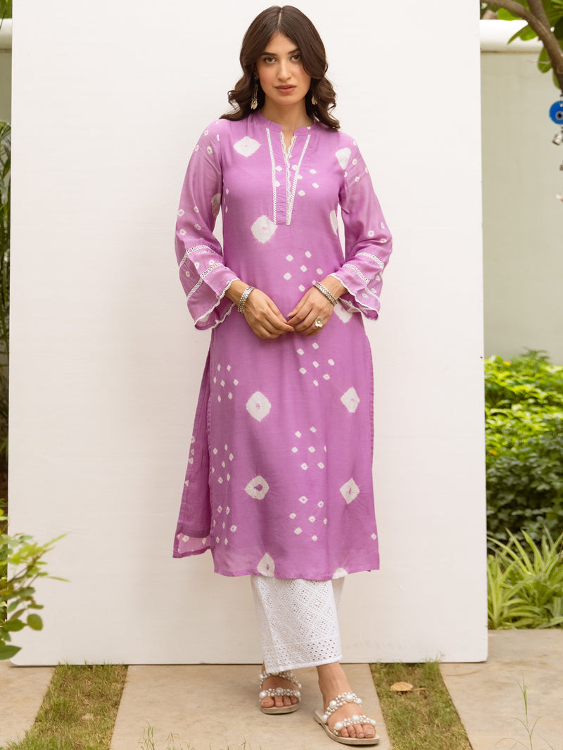 Lavender Hand-done Bandhani Round Neck Kurta For Women's