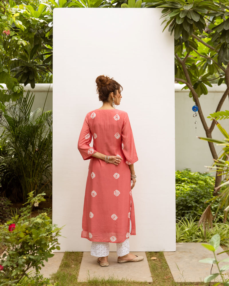 Peach Silk Bandhani Print Kurta For Women's