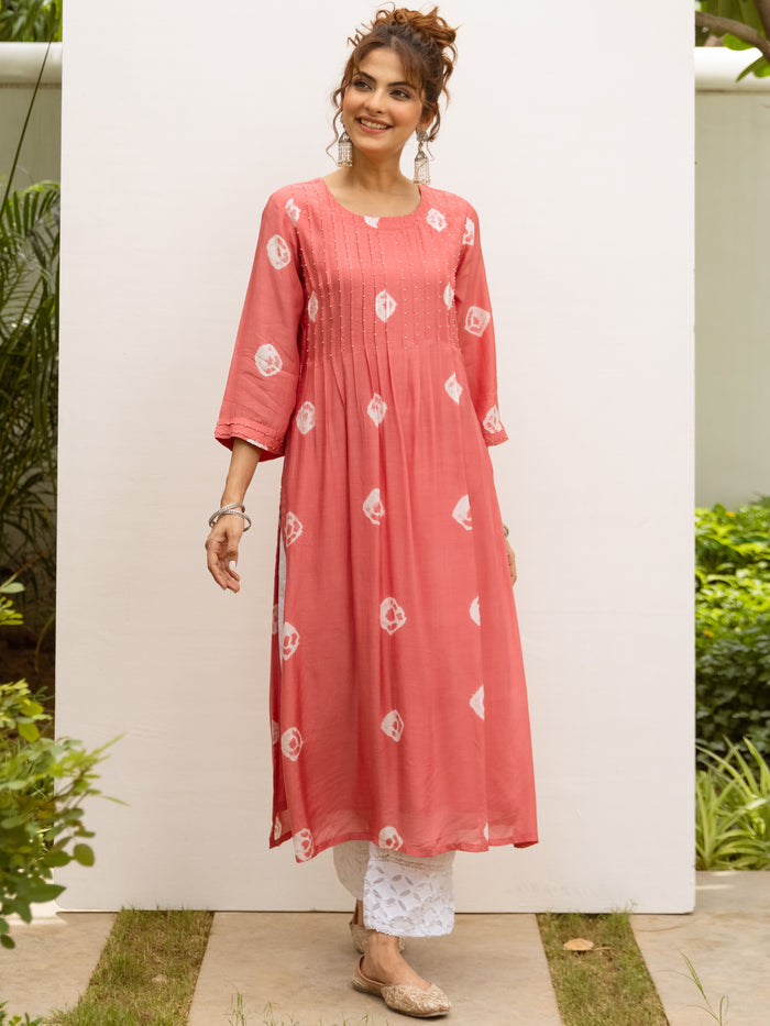 Peach Silk Bandhani Print Kurta For Women's