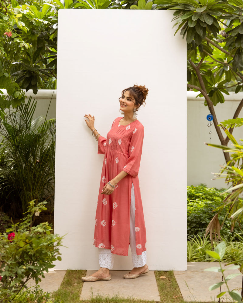 Peach Silk Bandhani Print Kurta For Women's