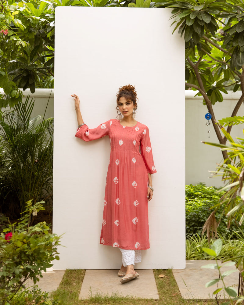 Peach Silk Bandhani Print Kurta For Women's