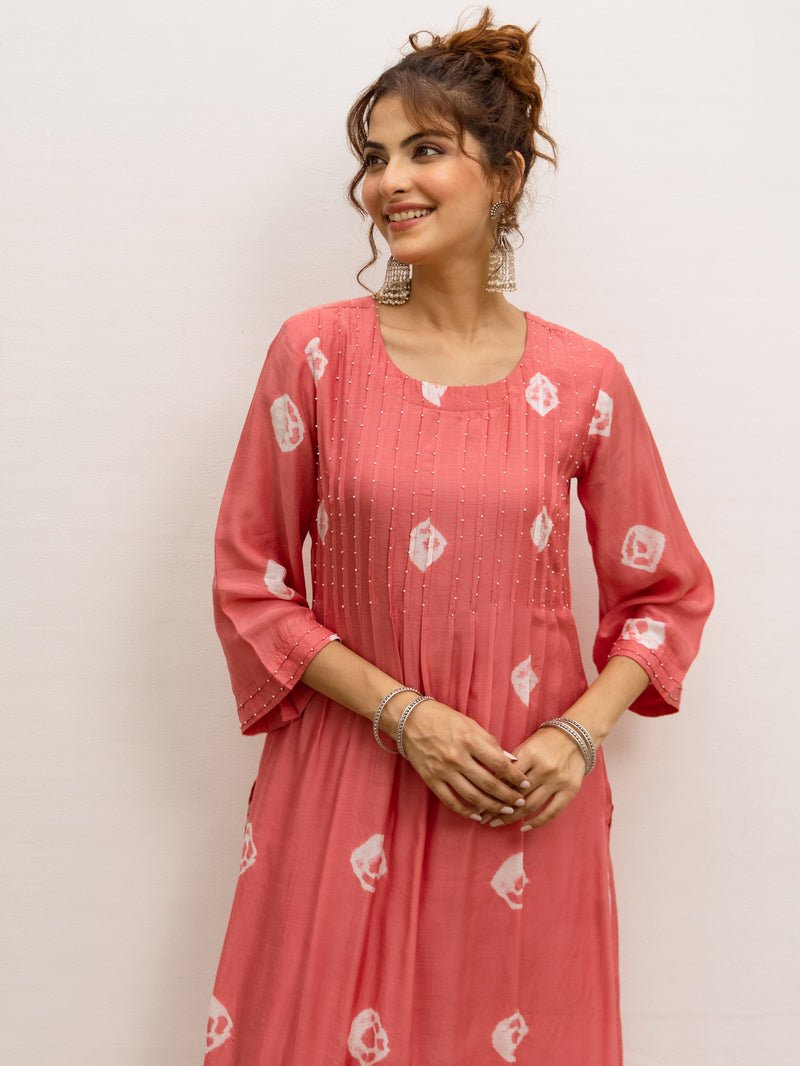 Peach Silk Bandhani Print Kurta For Women's