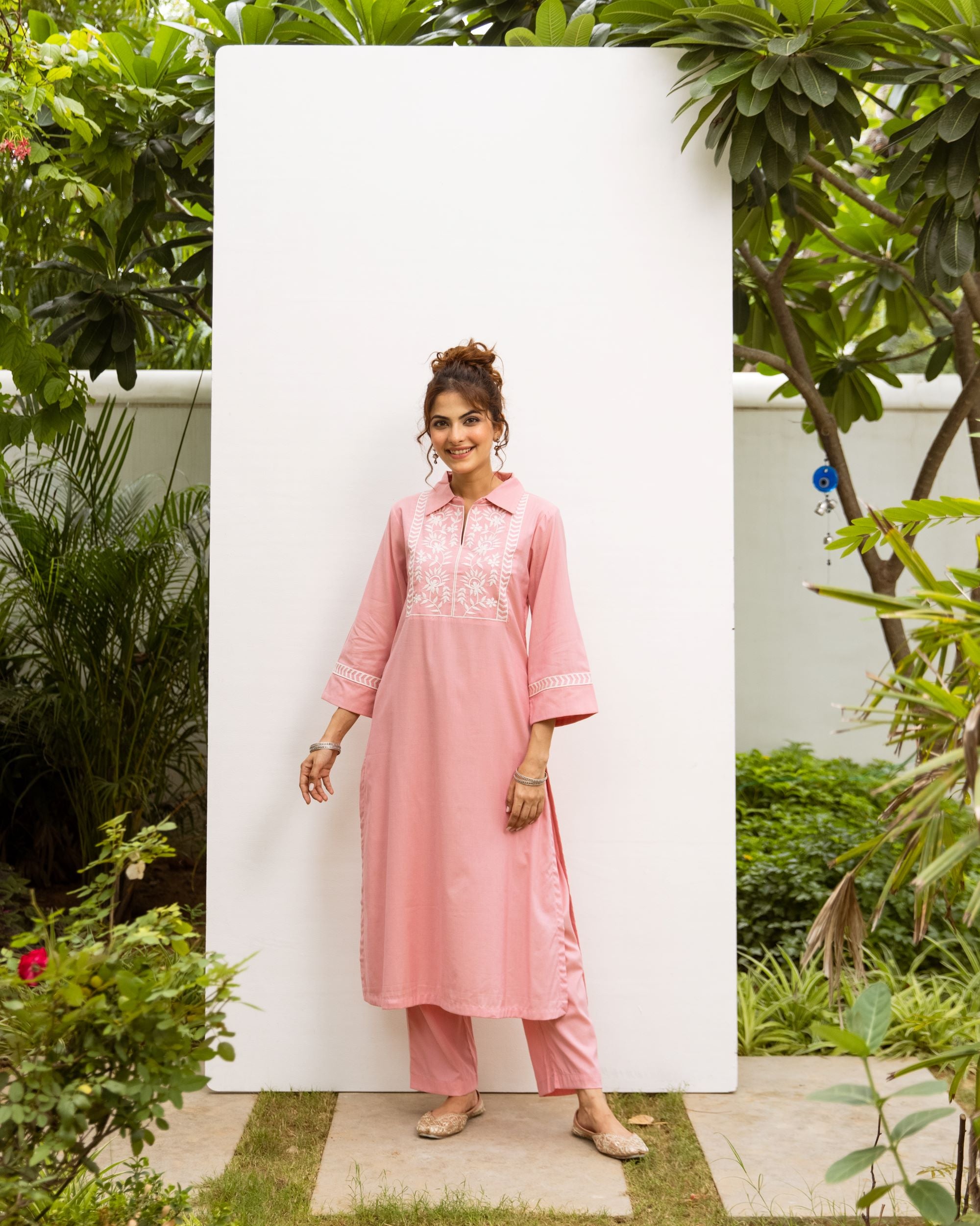 Pastel Pink Cotton Handloom Kurta Pant Set For Women's