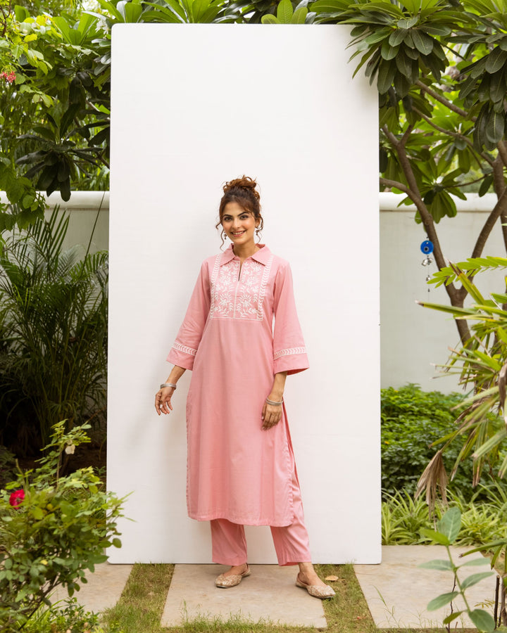 Pastel Pink Cotton Handloom Kurta Pant Set For Women's