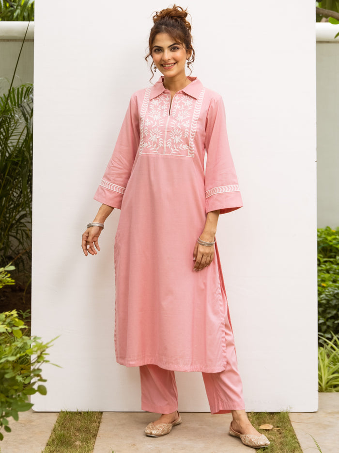 Pastel Pink Cotton Handloom Kurta Pant Set For Women's