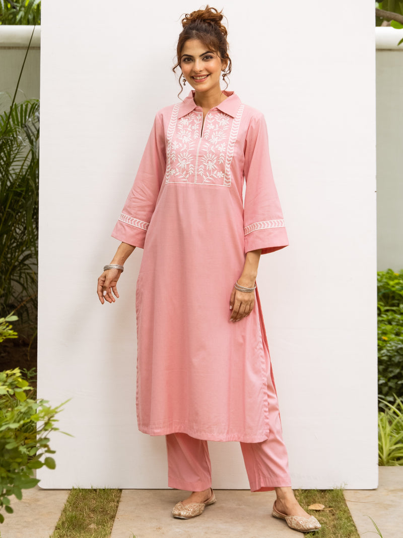 Pastel Pink Cotton Handloom Kurta Pant Set For Women's