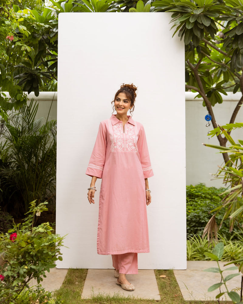 Pastel Pink Cotton Handloom Kurta Pant Set For Women's