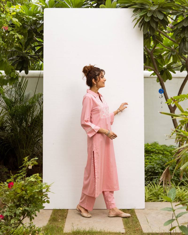 Pastel Pink Cotton Handloom Kurta Pant Set For Women's