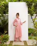 Pastel Pink Cotton Handloom Kurta Pant Set For Women's