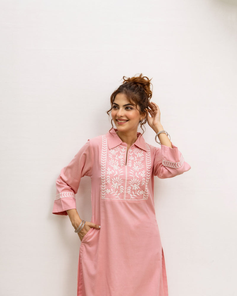 Pastel Pink Cotton Handloom Kurta Pant Set For Women's