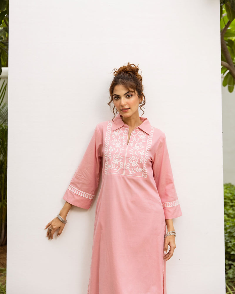 Pastel Pink Cotton Handloom Kurta Pant Set For Women's