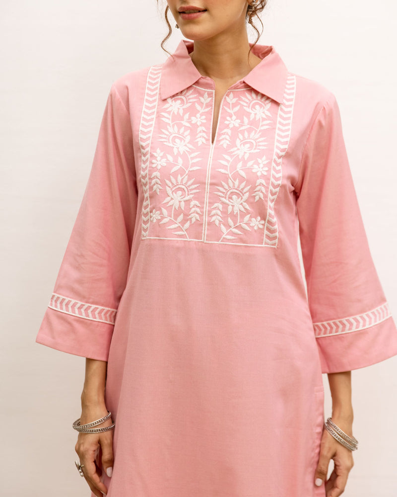 Pastel Pink Cotton Handloom Kurta Pant Set For Women's