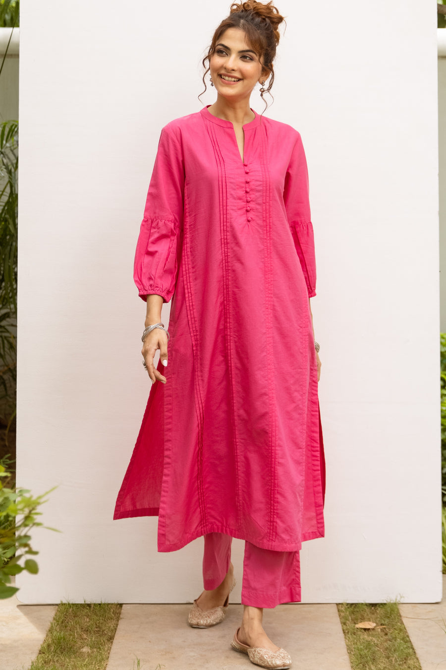 Vibrant Pink Cotton Kurta Pant Set For Women's