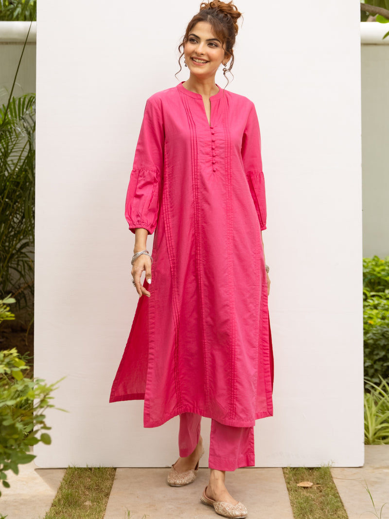 Vibrant Pink Cotton Kurta Pant Set For Women's