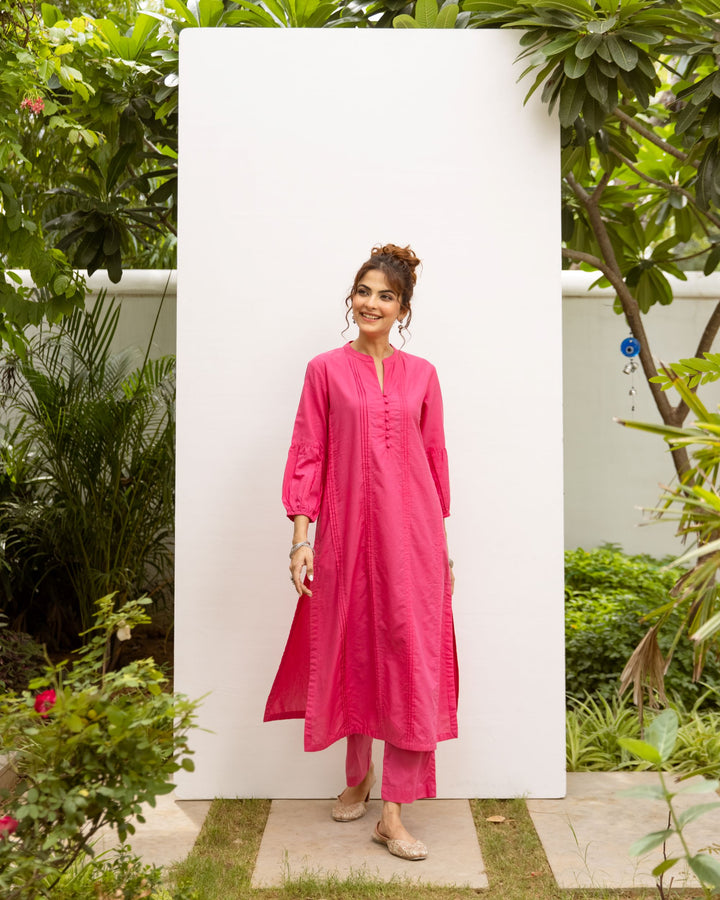Vibrant Pink Cotton Kurta Pant Set For Women's