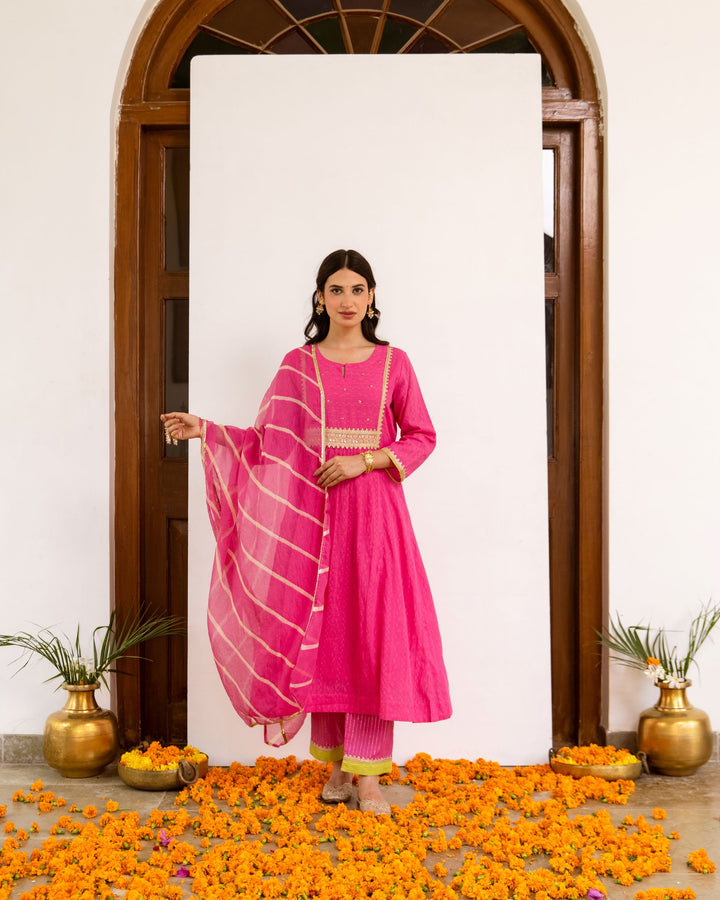 Vibrant Pink Cotton Dobby Complete Suit Set For Women's