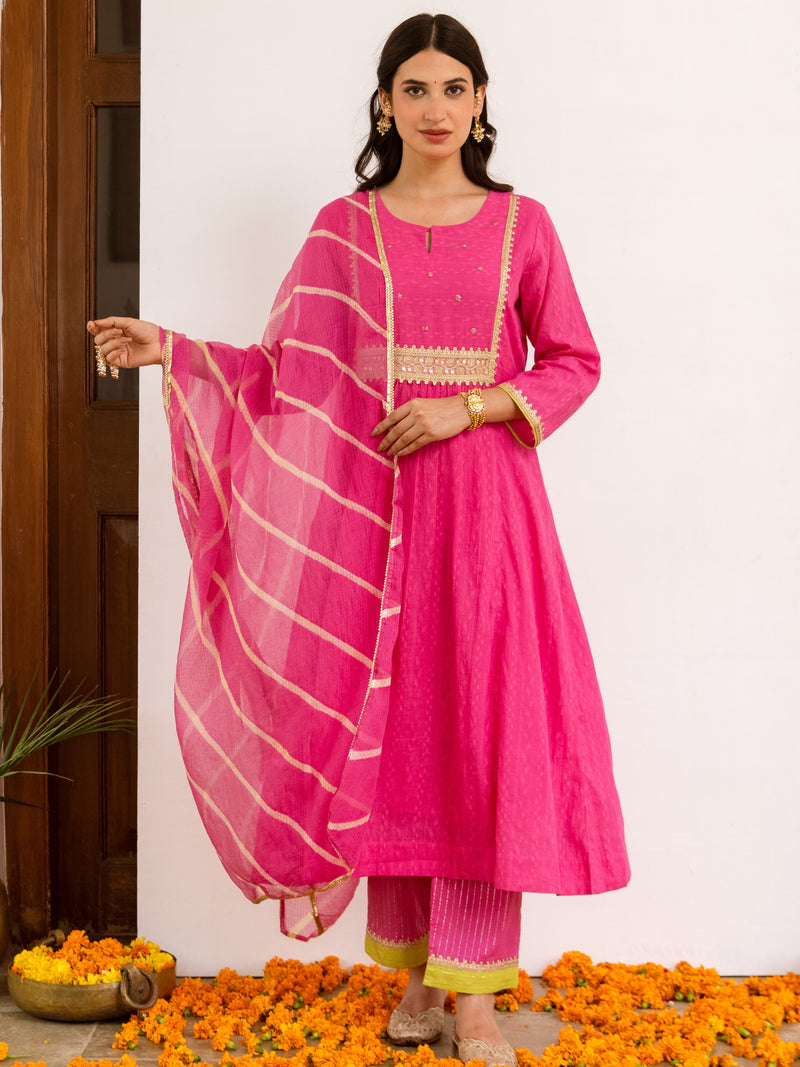 Vibrant Pink Cotton Dobby Complete Suit Set For Women's