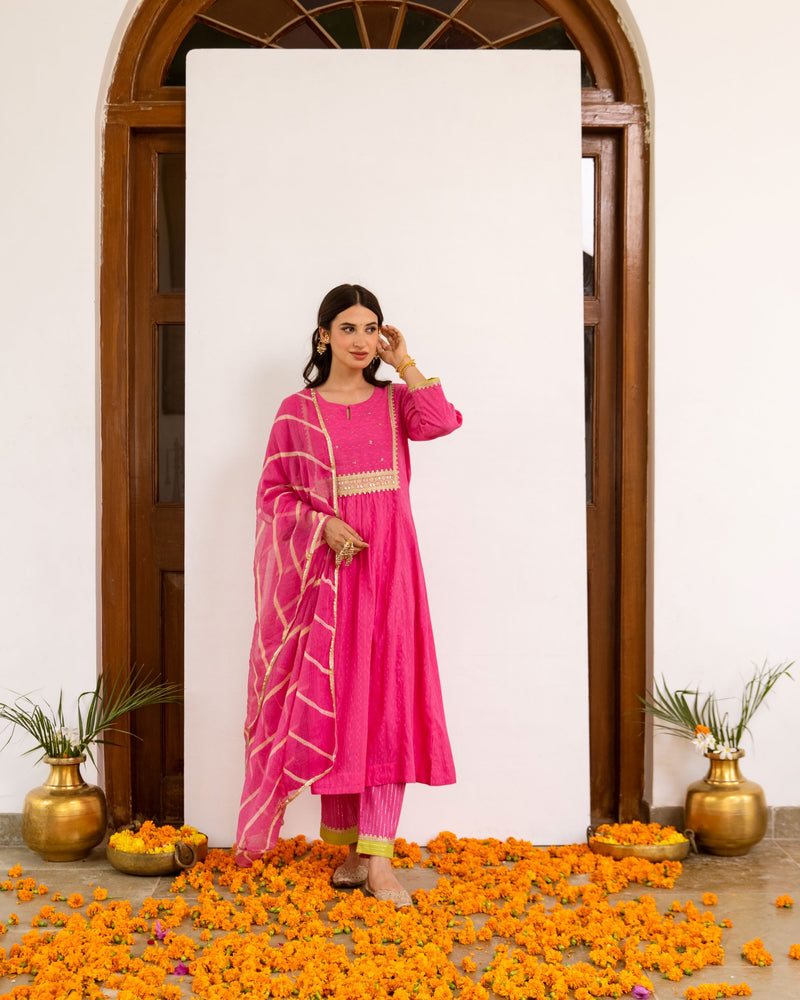 Vibrant Pink Cotton Dobby Complete Suit Set For Women's