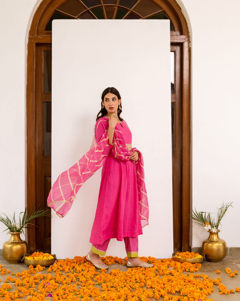 Vibrant Pink Cotton Dobby Complete Suit Set For Women's